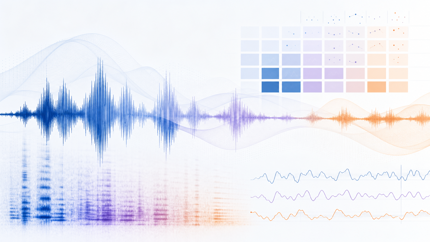 Abstract audio waveforms, spectrogram texture, and evaluation grid for speech AI benchmarking.